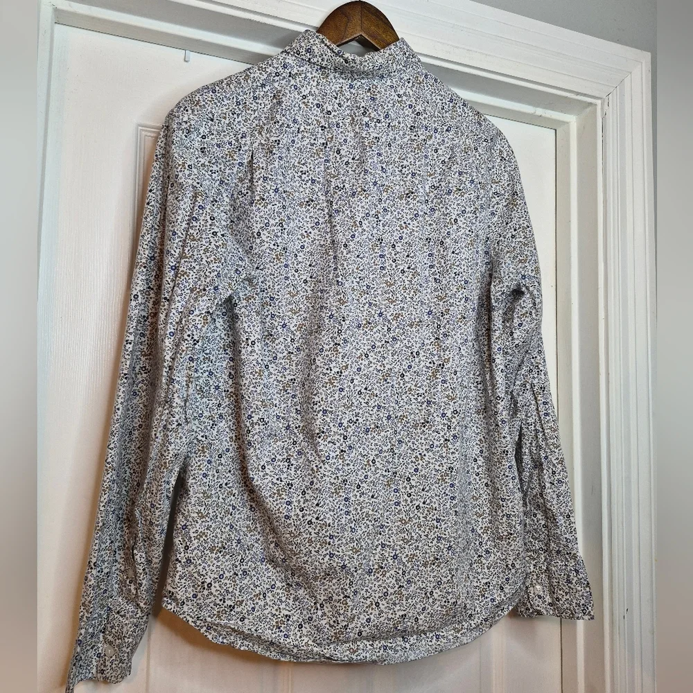 J. Crew Men's Floral Button-Down Shirt - White with Blue & Brown Print Large